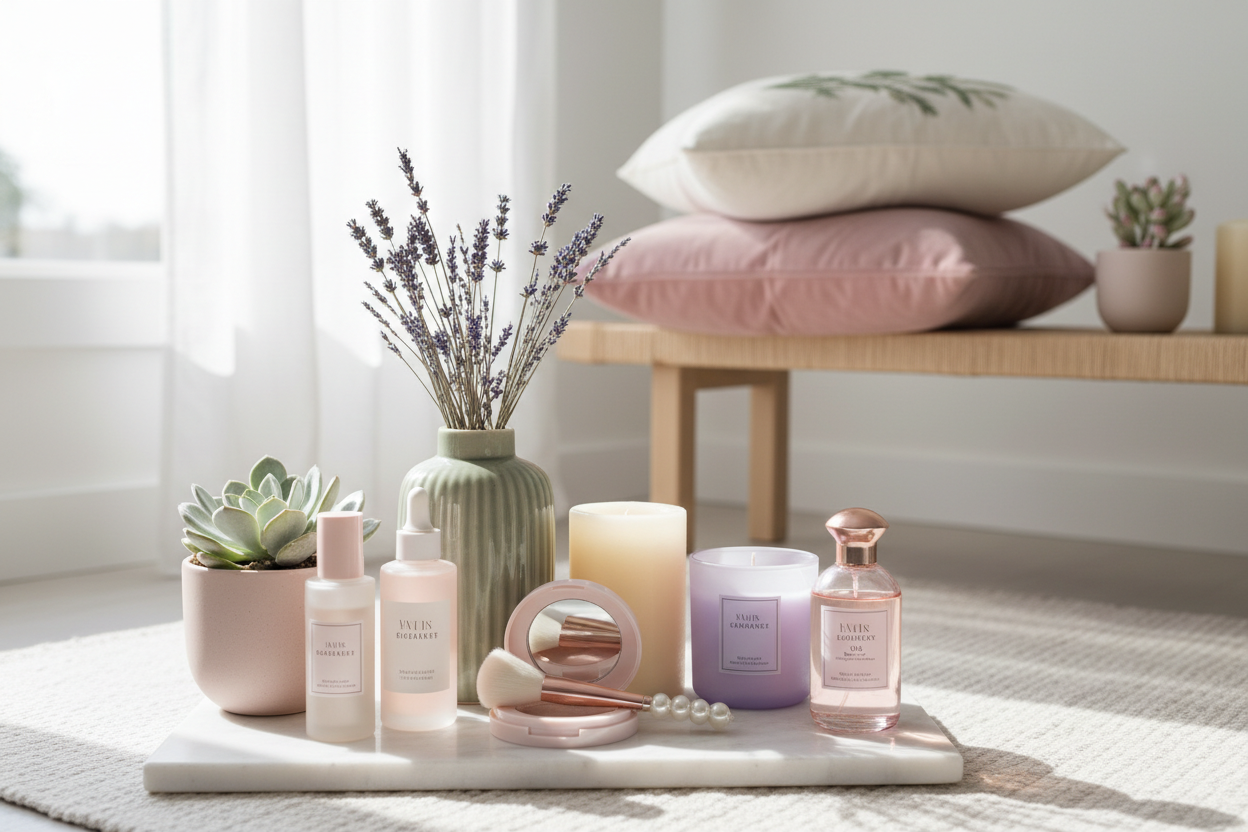 Our store will sell beauty and home decor products generate a picture with light color combo theme